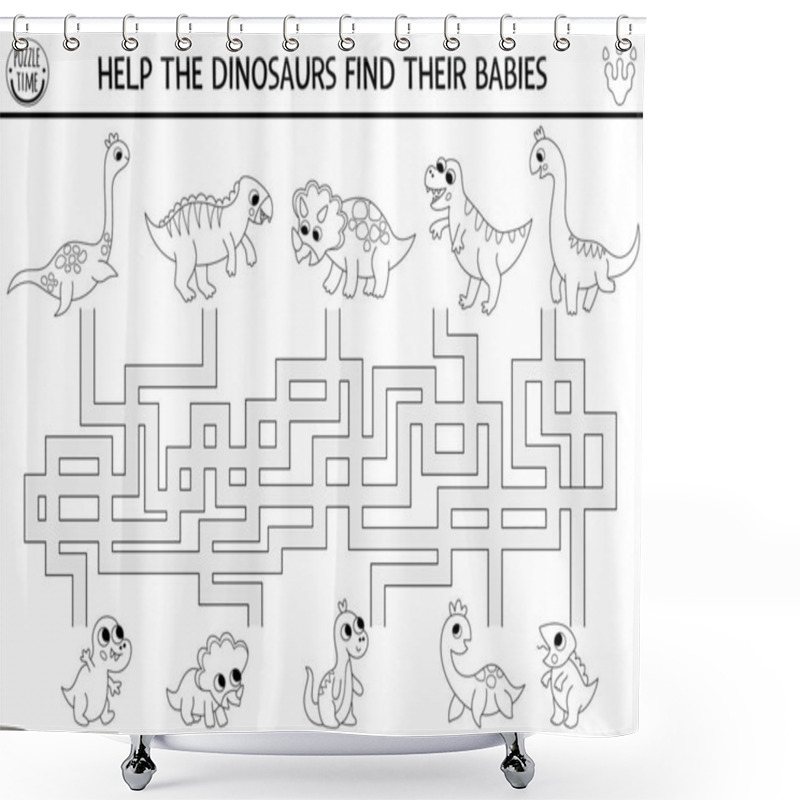 Personality  Dinosaur Black And White Maze For Kids With Cute Animals And Their Babies. Line Geometric Prehistoric Printable Activity. Dino Land Labyrinth Game, Puzzle, Coloring Page With T-rex, Triceratop Shower Curtains