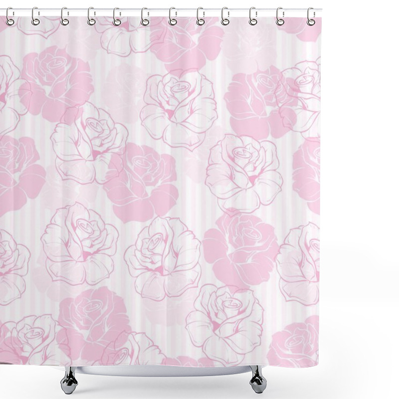 Personality  Seamless Retro Vector Floral Pattern With Elegant Pink Roses On Sweet Candy Pink And White Stripes Background. Shower Curtains