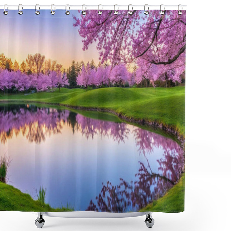 Personality  Petals In The Wind: A Soft Breeze Carries Petals From A Field Of Blooming Cherry Blossoms Under A Luminous Pastel Sky. The Stillness Of A Reflective Pond Captures The Harmony Of Earth And Sky. Shower Curtains