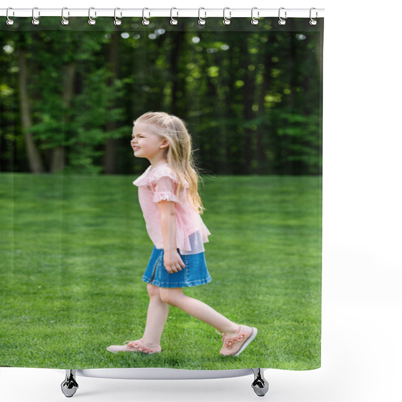 Personality  Side View Of Adorable Little Child Walking On Grass In Park Shower Curtains