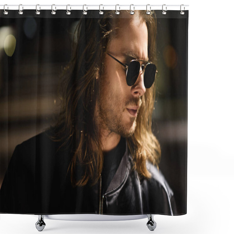 Personality  Close-up Portrait Of Handsome Young Man In Sunglasses And Leather Jacket On Street At Night Shower Curtains