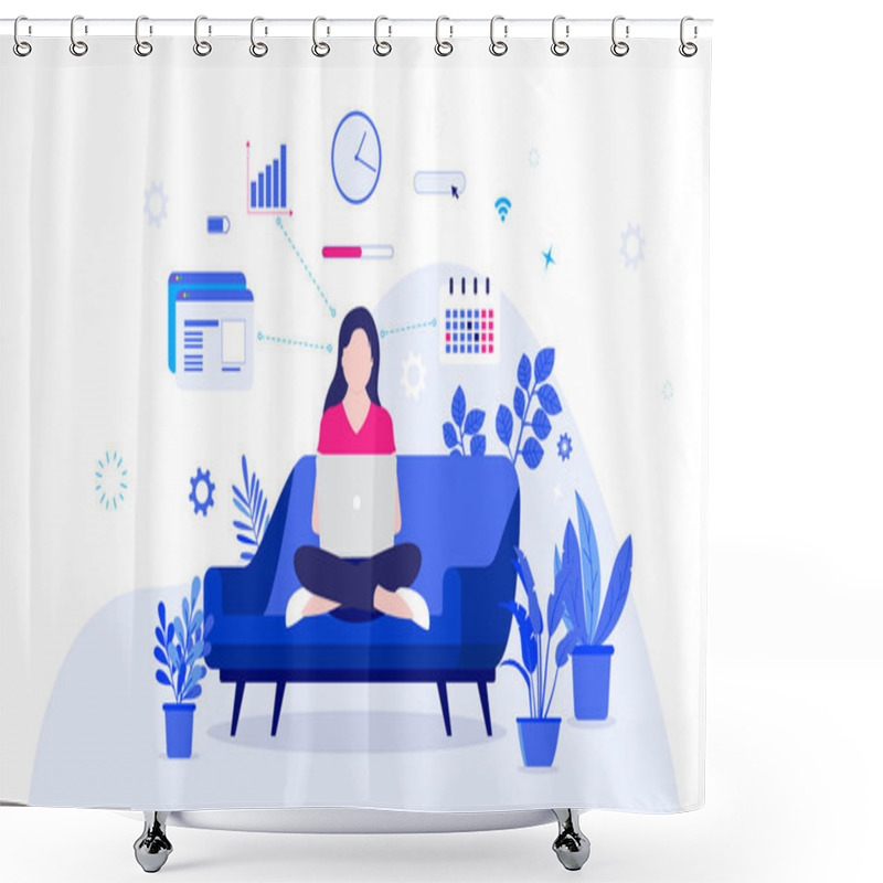 Personality  Home Office Efficiency - Woman In Couch Working On Laptop From Home Very Efficiently. Graphs, Browser Windows And Business Elements In Background. Successful Remote Work, Happy And Freelance Concept. Shower Curtains