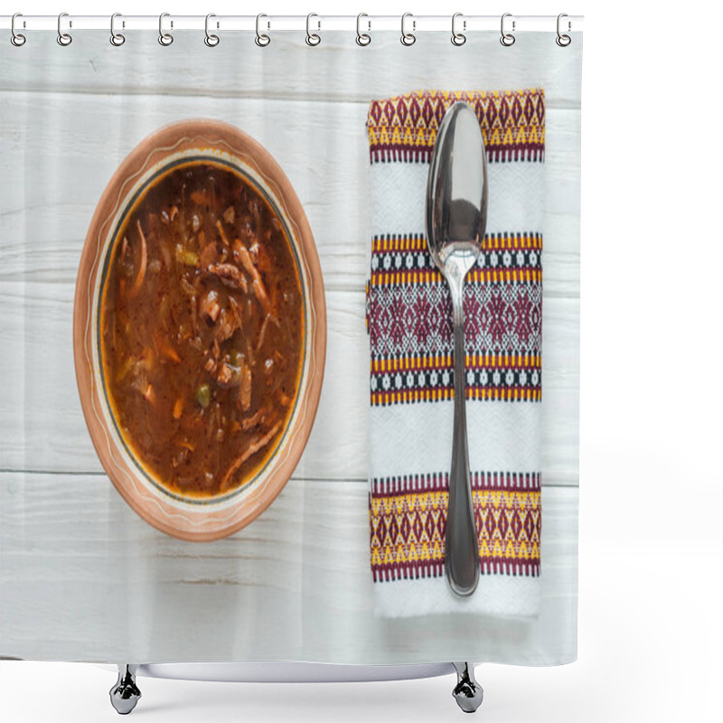 Personality  Top View Of Delicious Traditional Mixed Meat Soup With Spoon And Embroidered Towel On White Wooden Background Shower Curtains