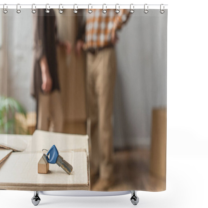 Personality  Keys Lying On Cardboard Box On Foreground And Blurred View Of Senior Couple, Moving Concept Shower Curtains