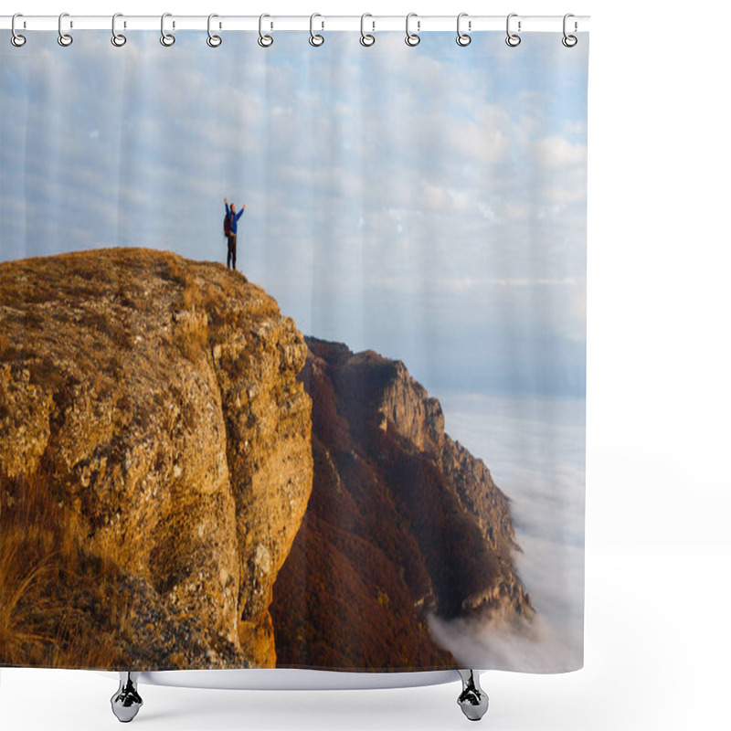 Personality  Hiker Man Cheering With Arms Spread And Raised To The Sky After Hiking Mountain Top Summit. Climber With Backpack On The Peak Above The Clouds. Winner, Success, Freedom Concept. Shower Curtains