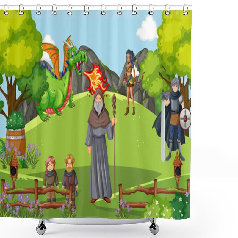 Personality  Enchanted Scene With Medieval Cartoon Characters Illustration Shower Curtains