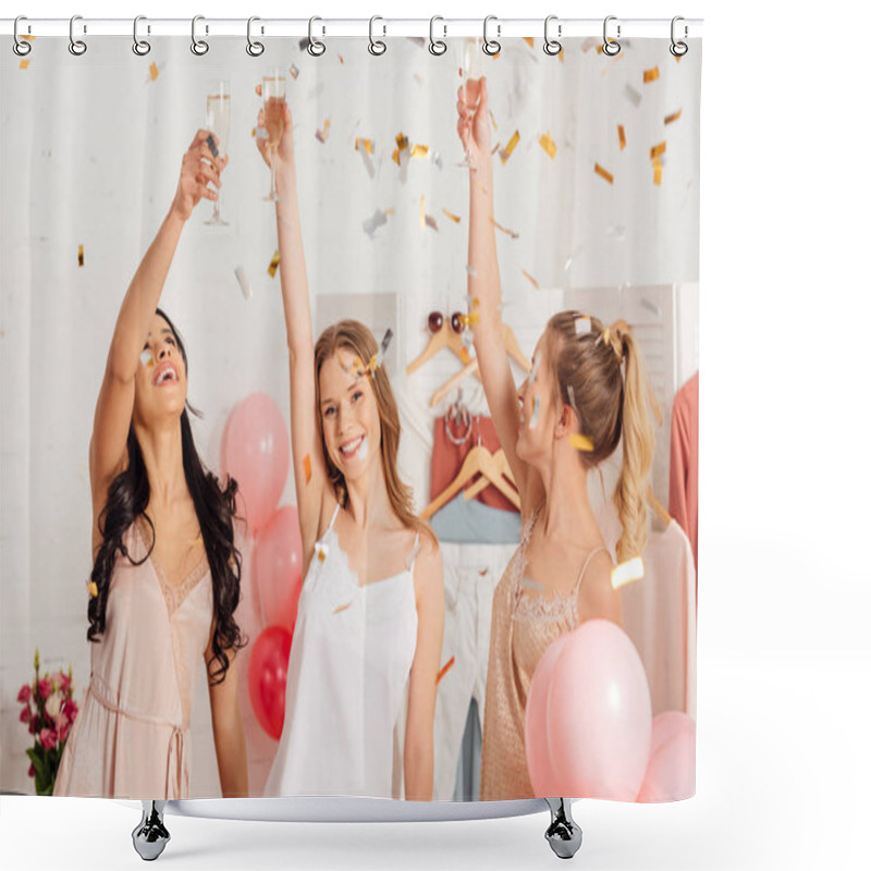 Personality  Beautiful Multicultural Girls Toasting With Champagne Glasses And Celebrating Under Falling Confetti During Pajama Party Shower Curtains