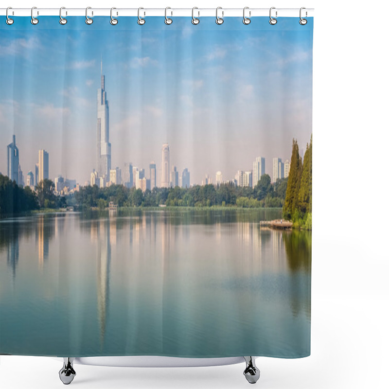 Personality  Modern City Building Reflected In The Lake Shower Curtains