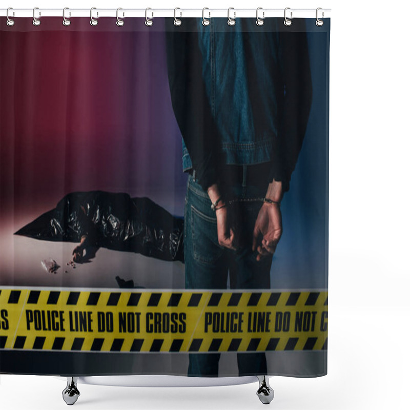 Personality  Man In Cuffs By Dead Body Behind Yellow Line On Dark Background Shower Curtains