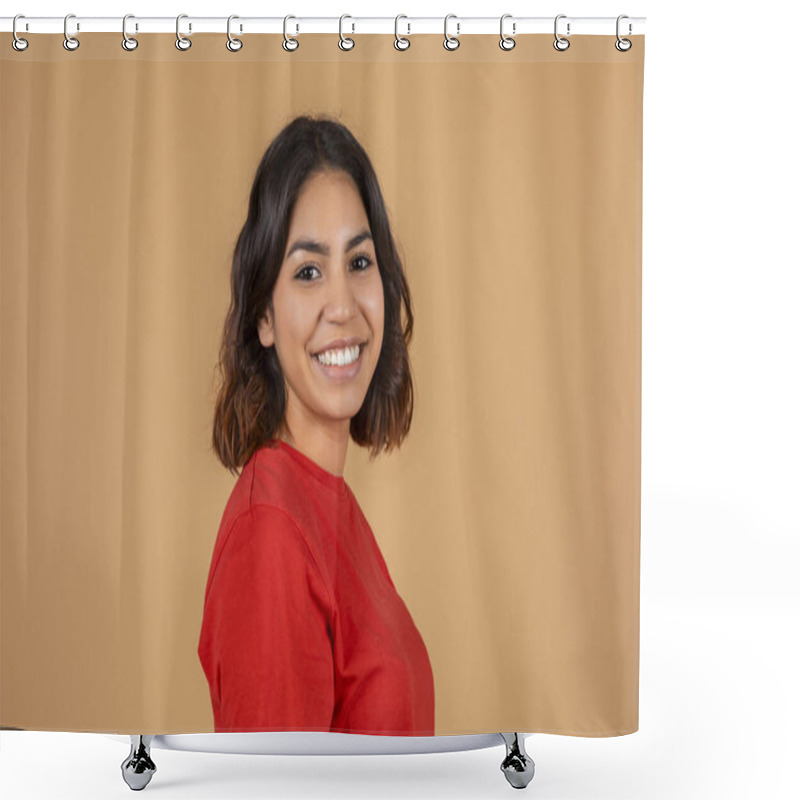 Personality  Young Middle Eastern Woman With Dark Brown Hair, Smiling And Looking Directly At The Camera. She Is Wearing A Bright Red, Long-sleeved Shirt And Standing In Front Of A Solid Beige Background. Shower Curtains