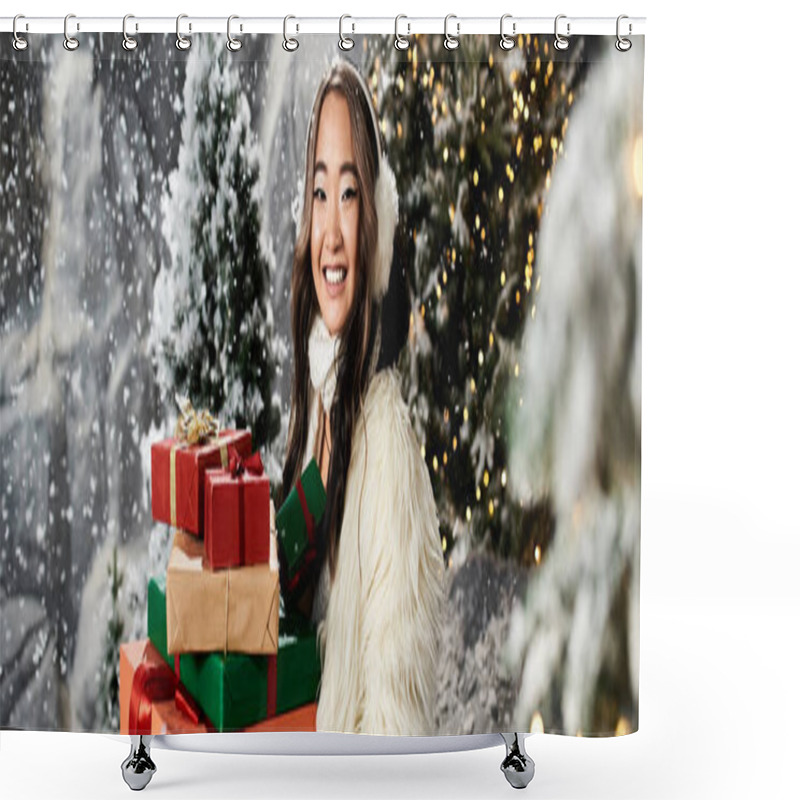 Personality  A Cheerful Woman Holds Vibrant Gifts While Enjoying The Festive Winter Atmosphere. Shower Curtains