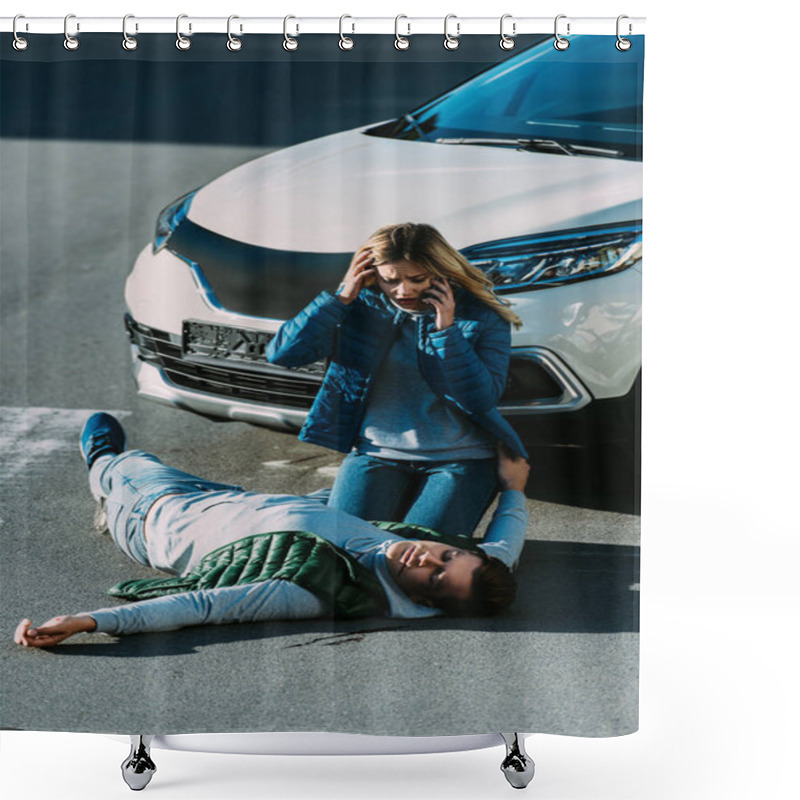 Personality  Scared Young Woman Looking At Injured Man And Calling Emergency After Car Accident Shower Curtains