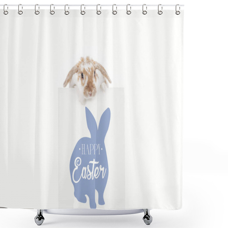 Personality  Cute Bunny Near Board With Happy Easter Lettering And Rabbit Illustration Isolated On White Shower Curtains