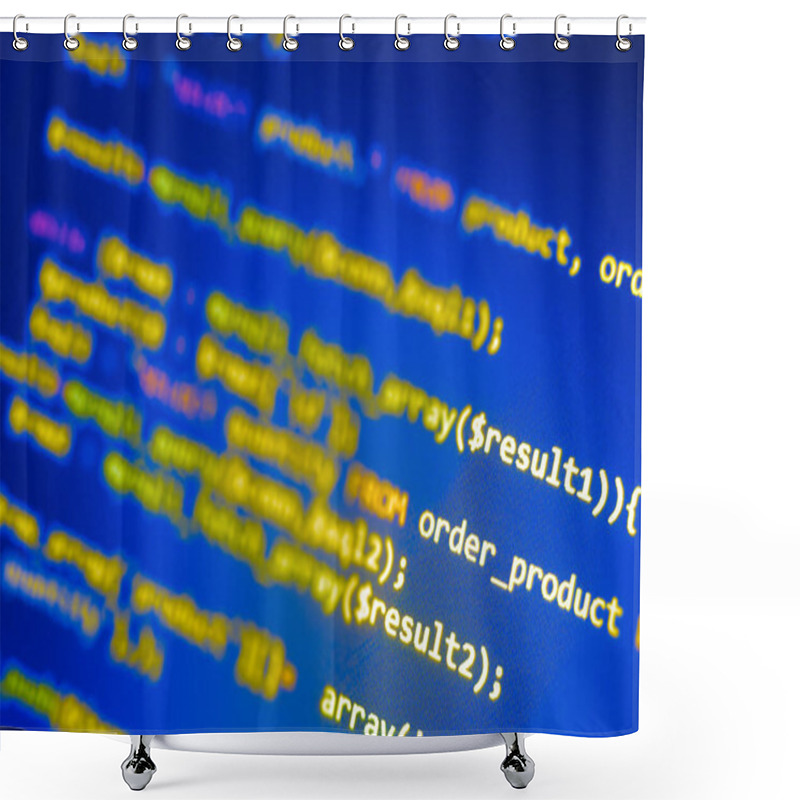 Personality  Programming PHP On Laptop Computer Screen. Web And Backend Software Development With PHP Language. Blue Monitor And Window. Source Function Code Shower Curtains