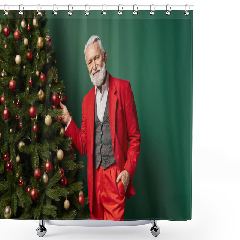 Personality  Elegant Stylish Man Dressed As Santa Posing Next To Christmas Tree On Green Backdrop, Winter Concept Shower Curtains