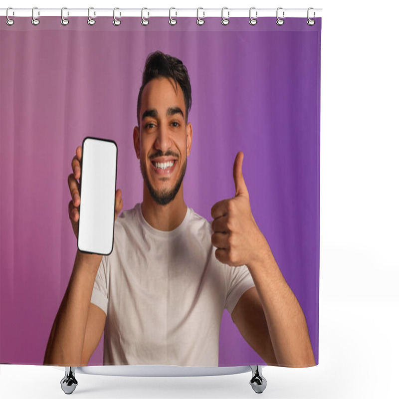 Personality  Happy Arab Man Showing Thumb Up Gesture, Demonstrating Smartphone With Empty Screen In Neon Light, Mockup Shower Curtains