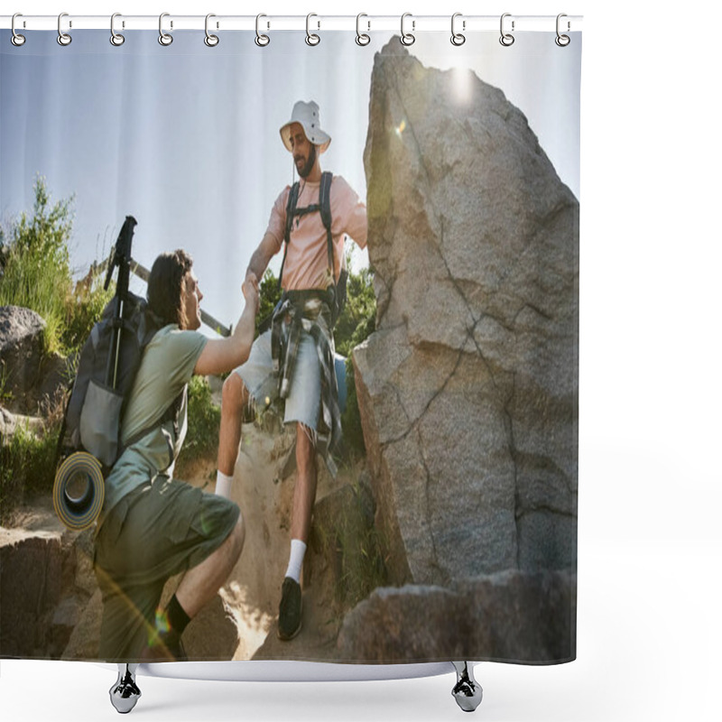 Personality  A Young Gay Couple Hikes Together In The Wilderness On A Sunny Summer Day, One Man Helping The Other Up A Rocky Path. Shower Curtains