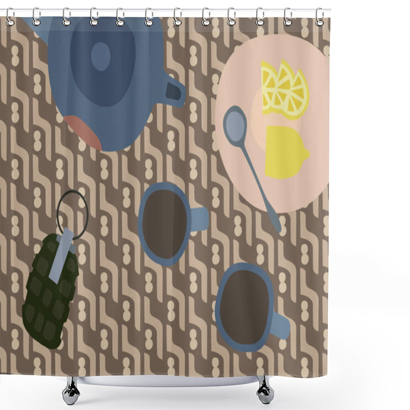 Personality  Illustration Of Teapot And Cups Near Sliced Lemons On Plate And Grenade On Abstract Background  Shower Curtains