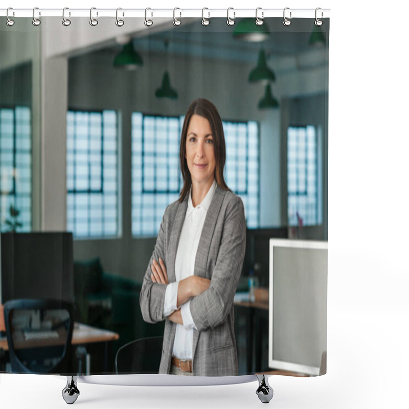 Personality  Portrait Of A Smiling Businesswoman Standing With Her Arms Crossed By Her Desk In A Large Modern Office In The Late Afternoon Shower Curtains