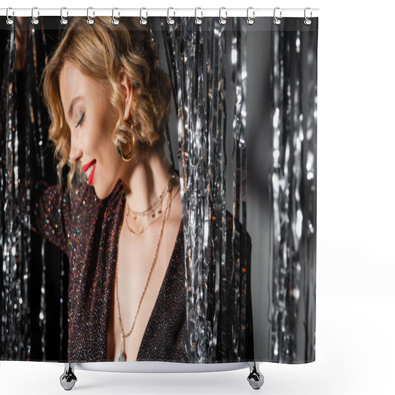 Personality  Side View Of Happy Woman In Black Dress Standing Near Shiny Tinsel Curtain On Grey Shower Curtains