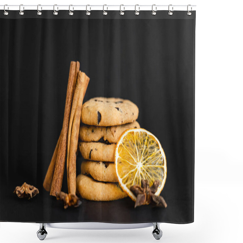 Personality  Cinnamon Sticks And Orange Slice Near Cookies With Chocolate On Black Background Shower Curtains