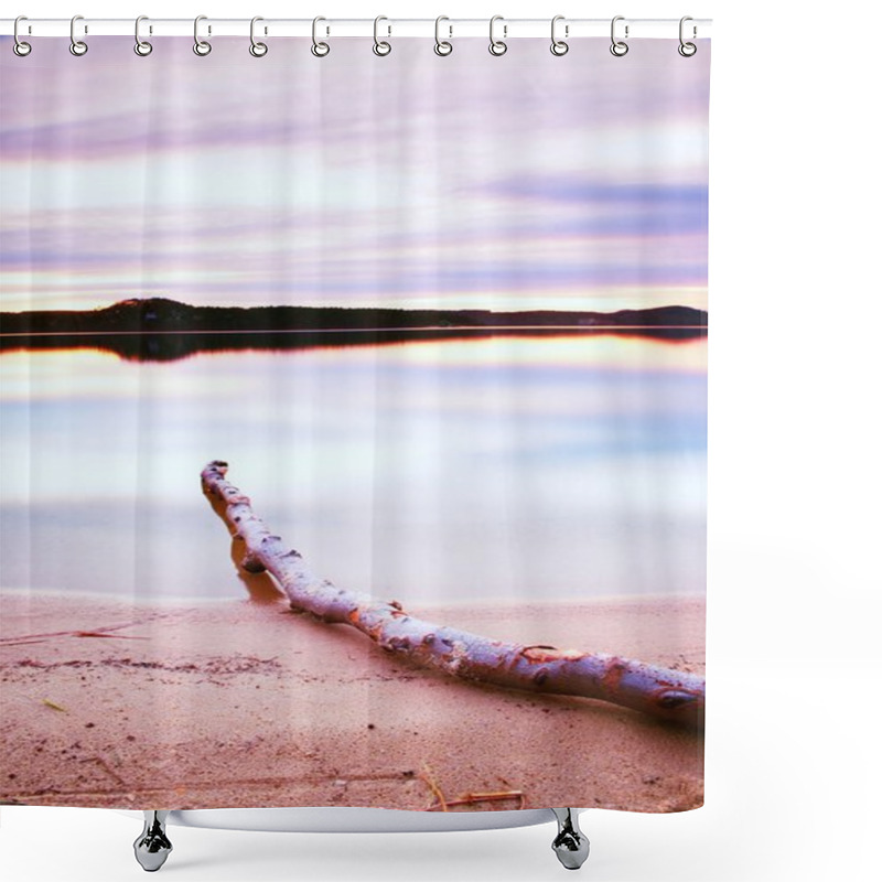 Personality  Autumn Evening At Lake After Sunset. Wet Sand Beach With Dry Tree  Fallen Into Water. Colorful Sky. Shower Curtains