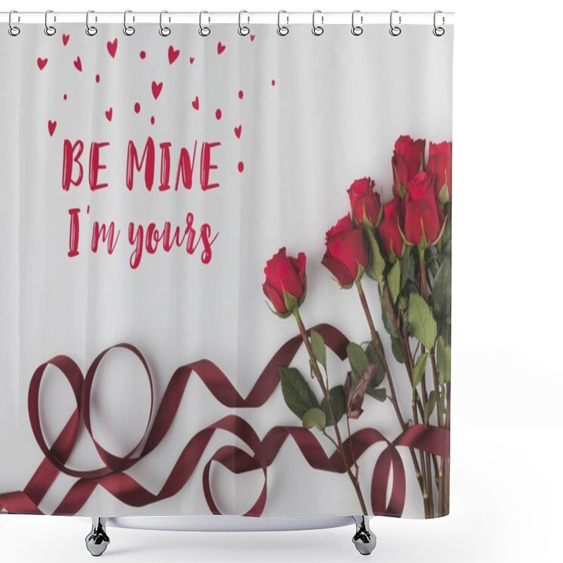 Personality  Top View Of Beautiful Red Roses With Ribbon Isolated On White, St Valentines Day Concept Shower Curtains