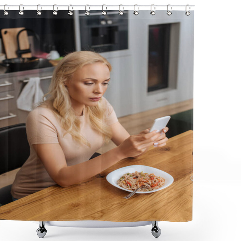 Personality  Serious Woman Chatting On Smartphone While Sitting Near Plate With Thai Noodles  Shower Curtains