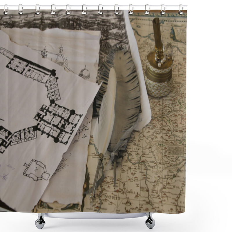 Personality  Old Map, A Pen And Drawing Of House. Shower Curtains