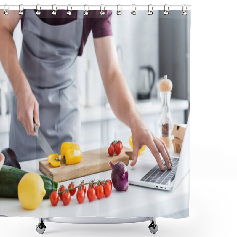 Personality  Cropped Shot Of Man In Apron Using Laptop And Cutting Vegetables Shower Curtains