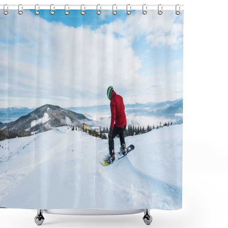 Personality  Snowboarder In Helmet Riding On Slope In Wintertime  Shower Curtains