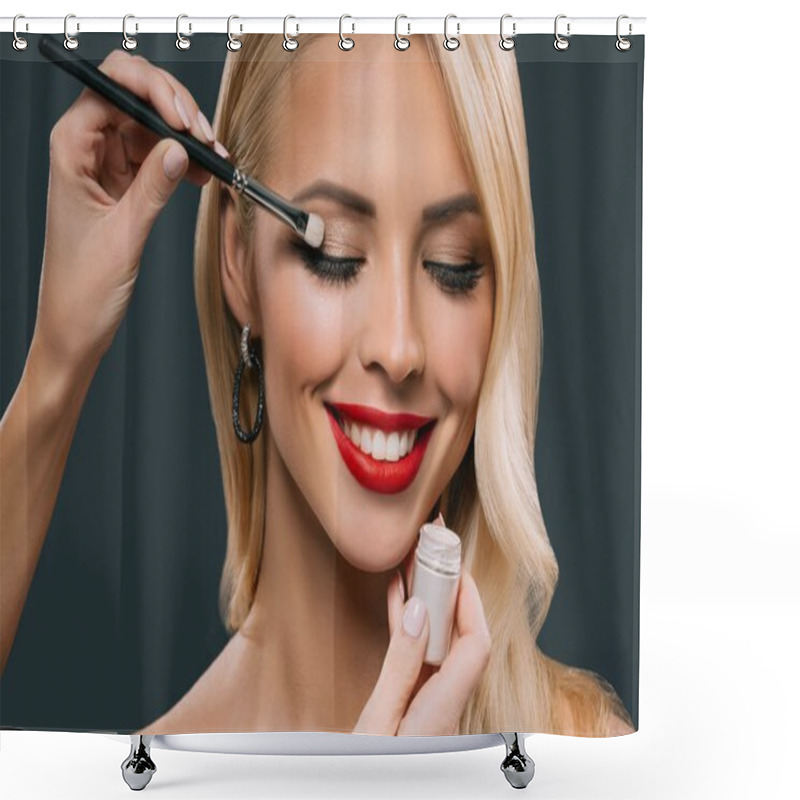 Personality  Beautiful Blonde Woman Applying Glamorous Makeup With Eyeshadows, Isolated On Grey Shower Curtains