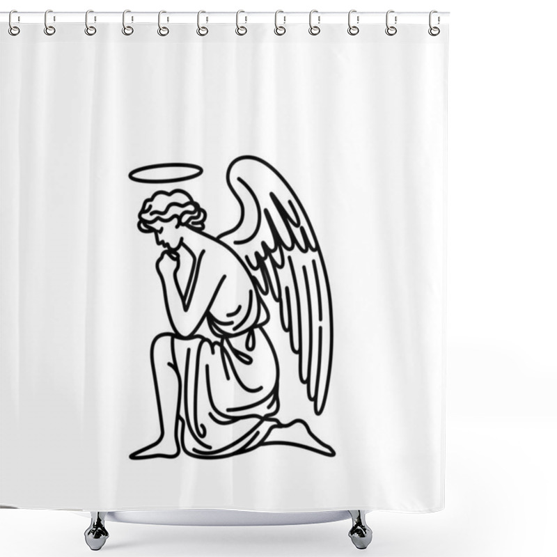 Personality  Minimalist Hand-drawn Line Art Illustration Of A Kneeling Angel With A Halo And Wings, Depicting A Contemplative And Spiritual Pose. Ideal For Use In Religious Or Spiritual Themes, Graphic Design And Art Projects Shower Curtains