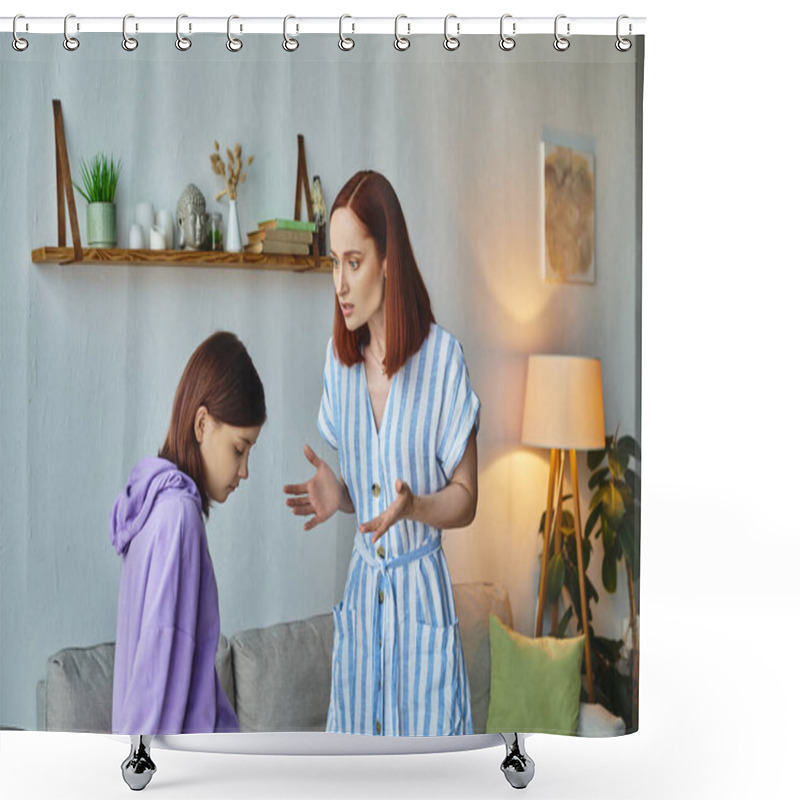 Personality  Displeased Woman Gesturing And Quarreling With Upset Teenage Daughter At Home, Family Issues Shower Curtains