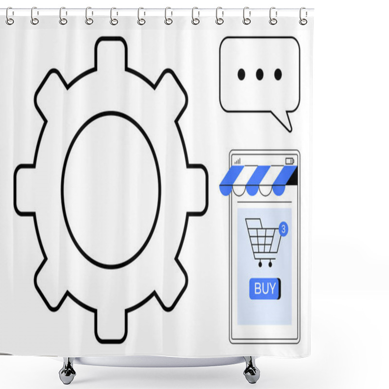 Personality  Large Gear Beside A Mobile Shopping Cart App With A Speech Bubble Above Indicates E-commerce Automation. Ideal For E-commerce, Automation, Mobile Shopping, Technology, User Experience. Simple Flat Shower Curtains