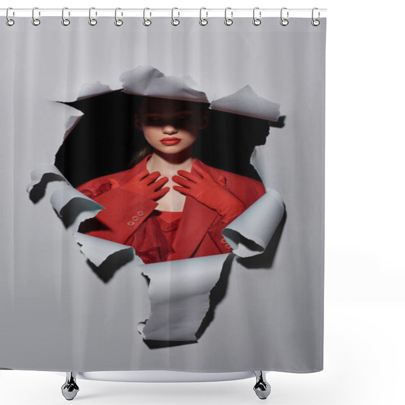 Personality  Attractive Young Woman With Bold Makeup In Red Gloves Posing Near Hole In Grey Background Shower Curtains