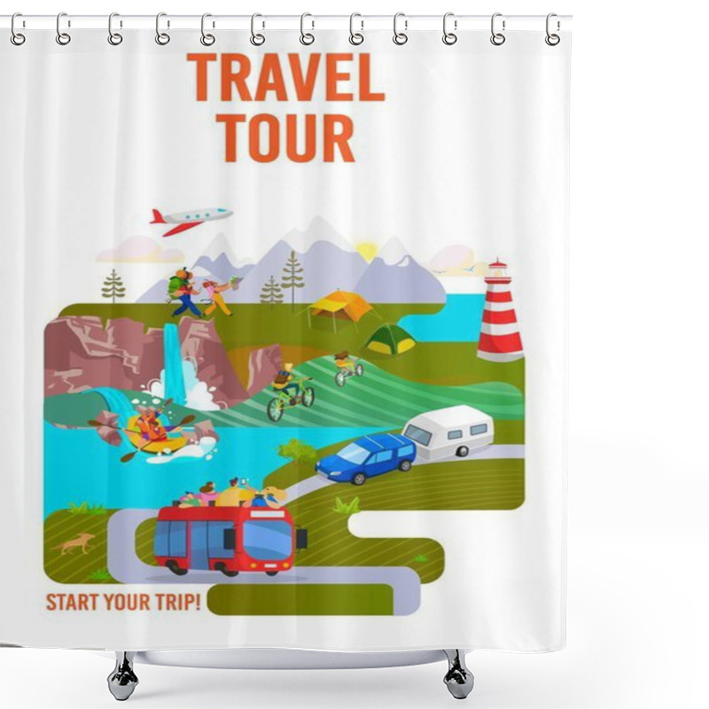 Personality  Travel, Tour, Journey To World, Travelling And Vacation On Holiday Poster, Vector Illustration. Hiking And Road Trip. Tourism. Shower Curtains