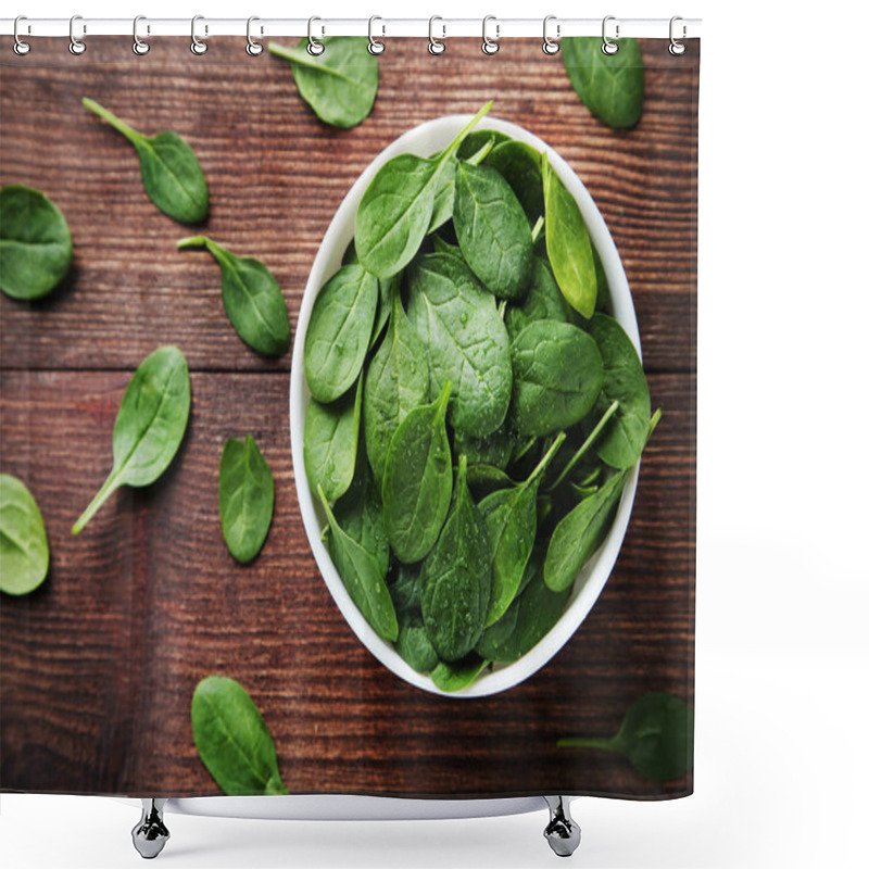 Personality  Spinach Leaves With Drops Of Water In Bowl On Shabby Wooden Table Shower Curtains