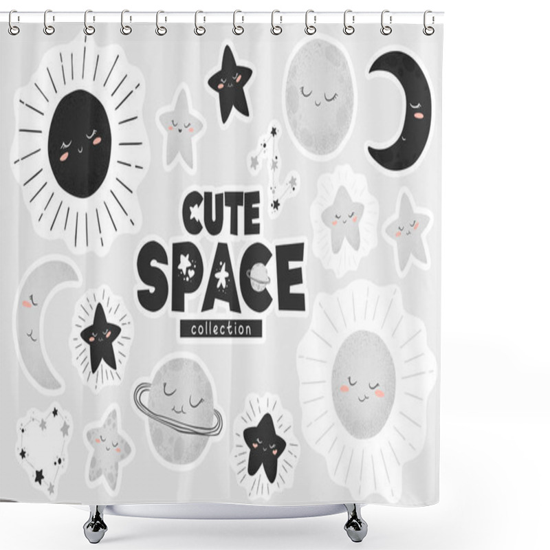 Personality  Vector Illustration With Cute Hand Drawn Cartoon Space Stickers Collection Sun, Moon, Planets And Stars Isolated On Grey Background. Design For Planners, Laptop Stickers, Card, Stationary Shower Curtains