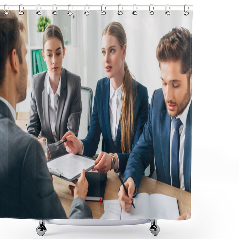 Personality  Selective Focus Of Recruiter Talking To Employee With Resume Near Colleagues At Table  Shower Curtains