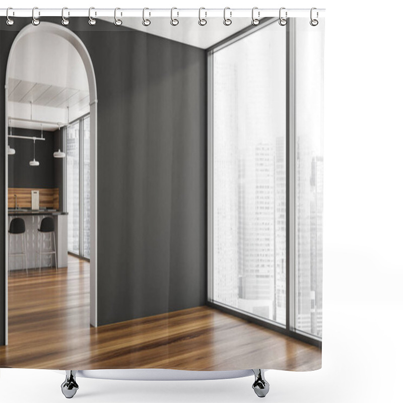 Personality  Corner Of The Grey Interior With An Archway, A Floor-to-ceiling Window, An Empty Wall And A Stylish Kitchenroom On The Background. A Concept Of Modern Apartment Design. 3d Rendering Shower Curtains