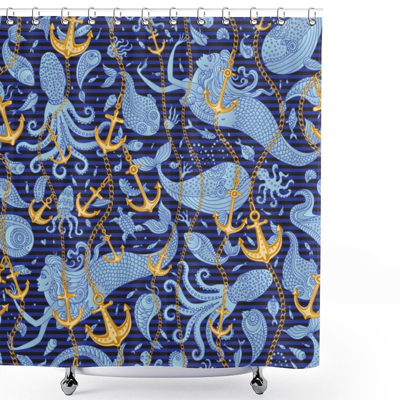 Personality  Golden Chains, Sea Anchors, Jewelry Accessories, Striped Cables And Ropes Seamless Pattern On Dark Blue Background With Mermaids, Fish, Octopus, Ocean Animals. Baroque Textile Print, Wallpaper Shower Curtains