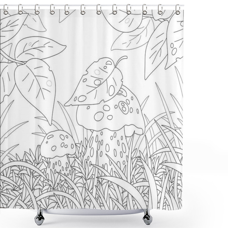 Personality  Two Thick Edible Mushrooms Hiding Under Leaves Among Grass On A Pretty Forest Glade, Black And White Outline Vector Cartoon Illustration For A Coloring Book Page Shower Curtains