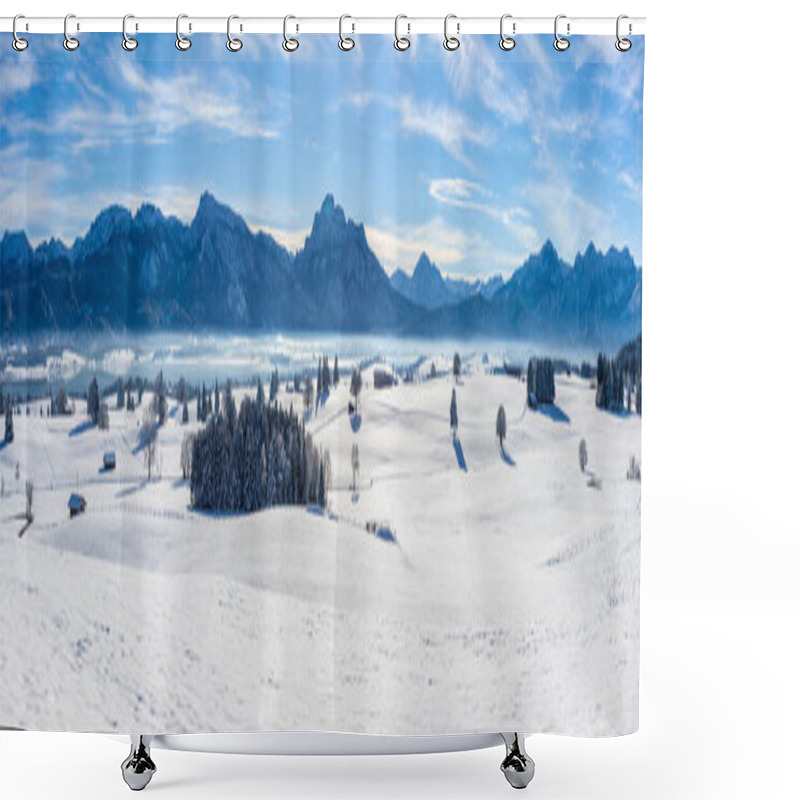 Personality  Panoramic Landscape With Fresh Powder Snow At Mountain Range Shower Curtains