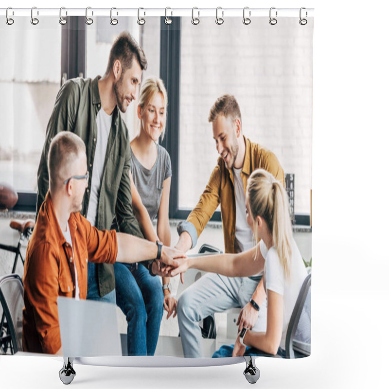 Personality  Group Of Happy Young Entrepreneurs Making Team Gesture While Working On Startup Together At Office Shower Curtains