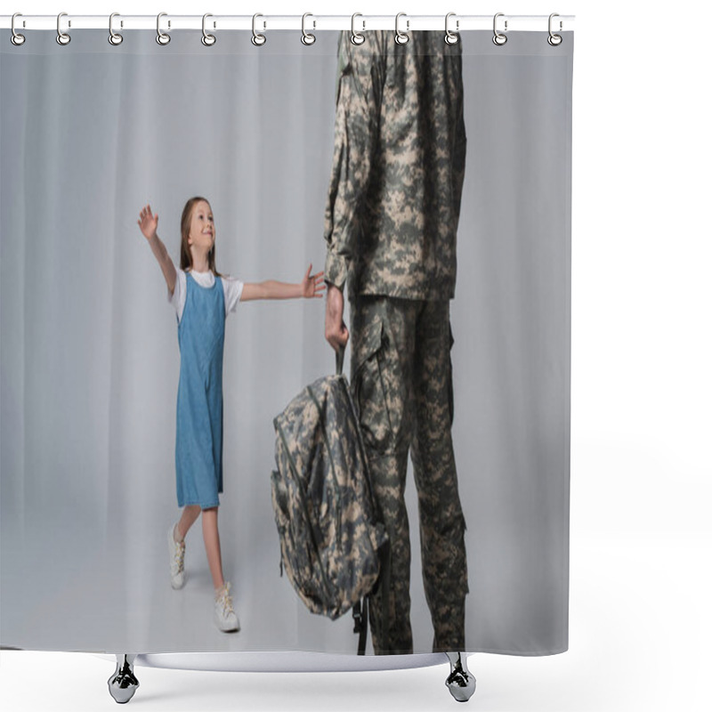 Personality  Happy Girl Welcoming Father In Military Uniform With Backpack During Homecoming On Grey Background  Shower Curtains