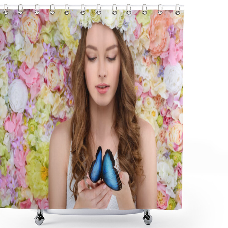 Personality  Attractive Young Woman In Floral Wreath Holding Blue Butterfly Shower Curtains