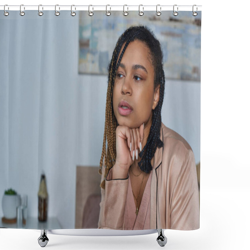 Personality  Sad African American Woman Sitting On Bed, Feeling Unwell, Holding Glass Of Water, Modern Bedroom Shower Curtains