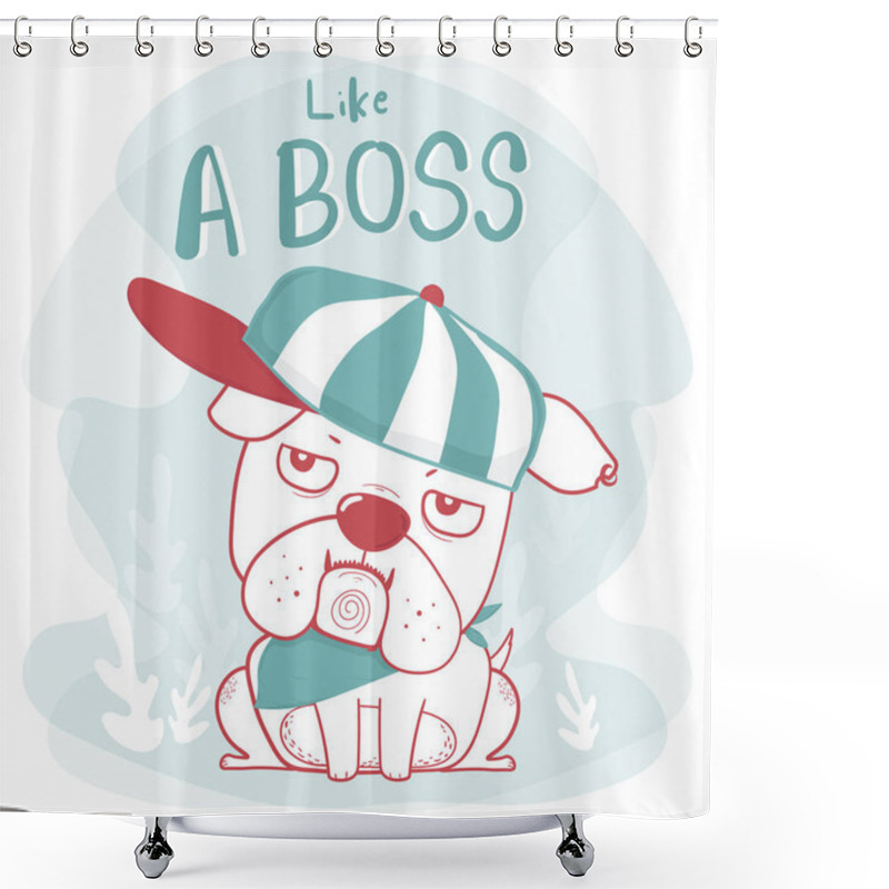 Personality  Cute Doodle Hand Drawing Bulldog Wear Cap Like A Boss Cartoon Flat Vector In Vintage Green And Red Color, Great For Kid, Child, Souvenir Printable Stuff, Greeting Card, Baby Shower And Birthday  Shower Curtains