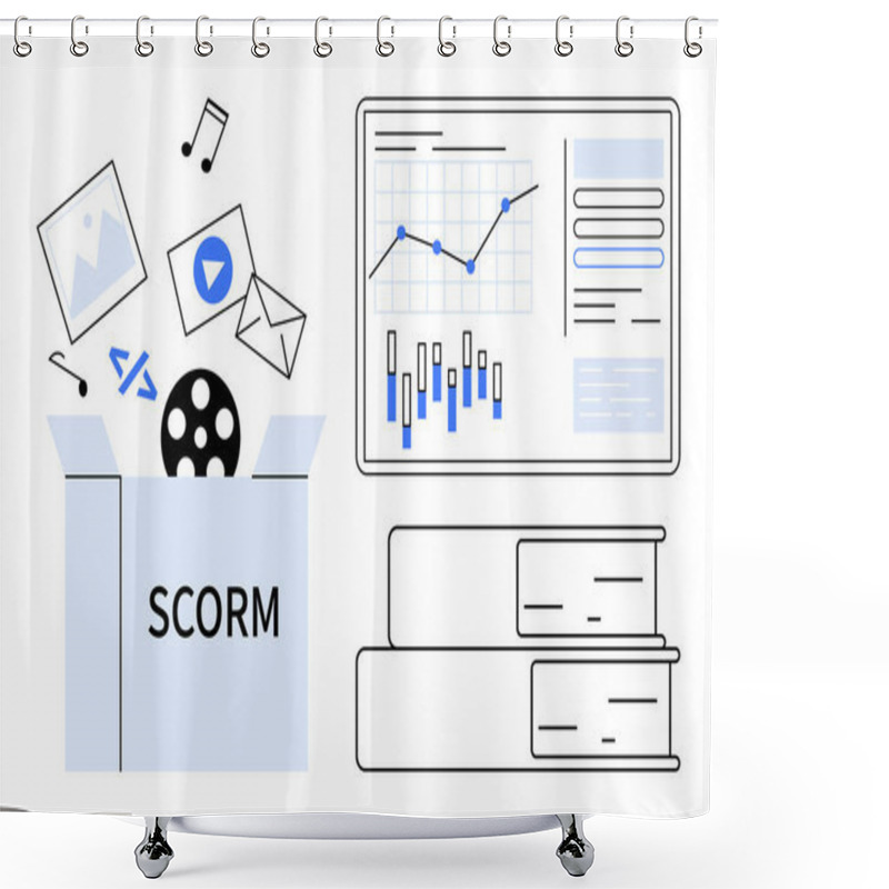 Personality  Digital Learning Materials Thumbs Up Photos, Videos, Code Snippets, And Charts Emerging From SCORM Box Next To An Analytics Dashboard And Paper Files. Ideal For E-learning, Digital Education, Data Shower Curtains